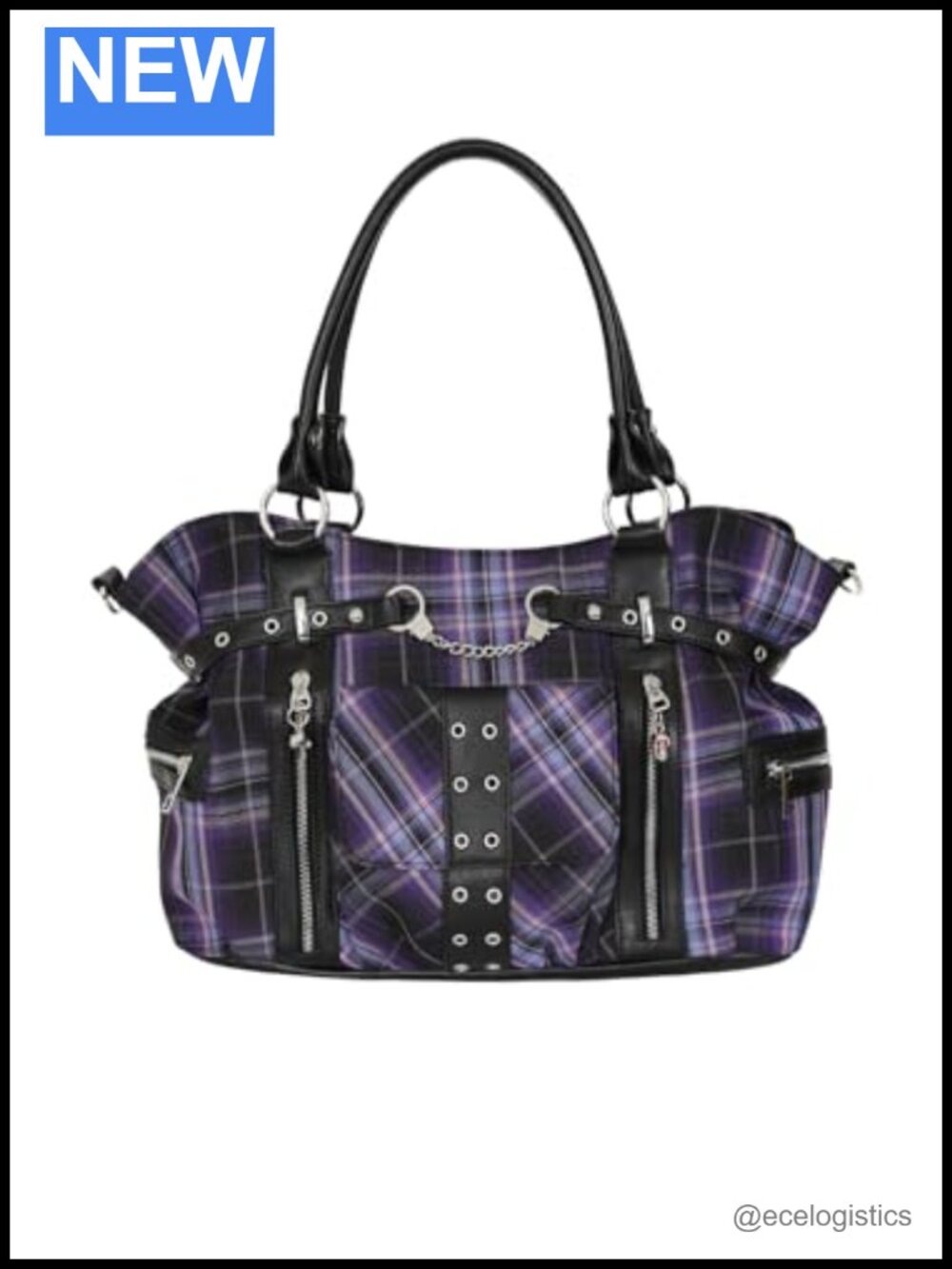 Goth Plaid Tote Crossbody Bag Vegan Leather Skull Handcuff Punk Purse